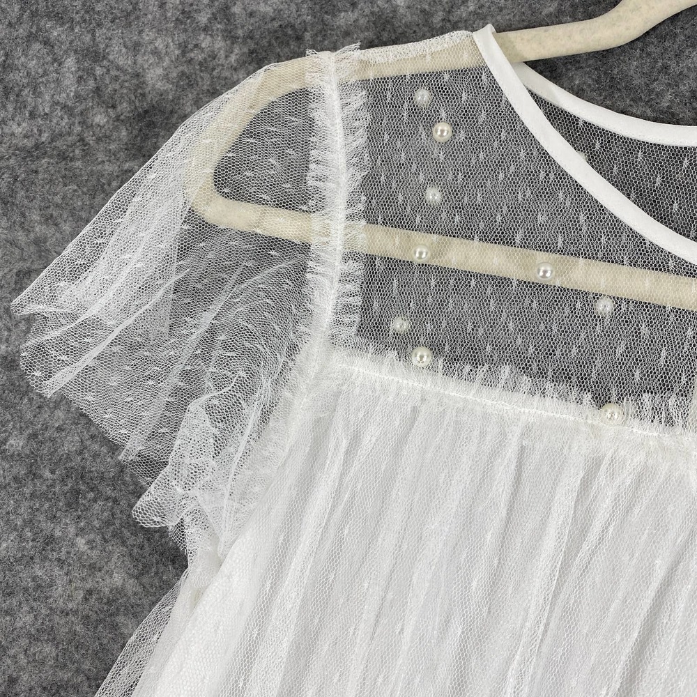 NWT Very J Dress Small White Embellished Mesh Babydoll Mini Short Sleeve A-Line - Picture 5 of 10